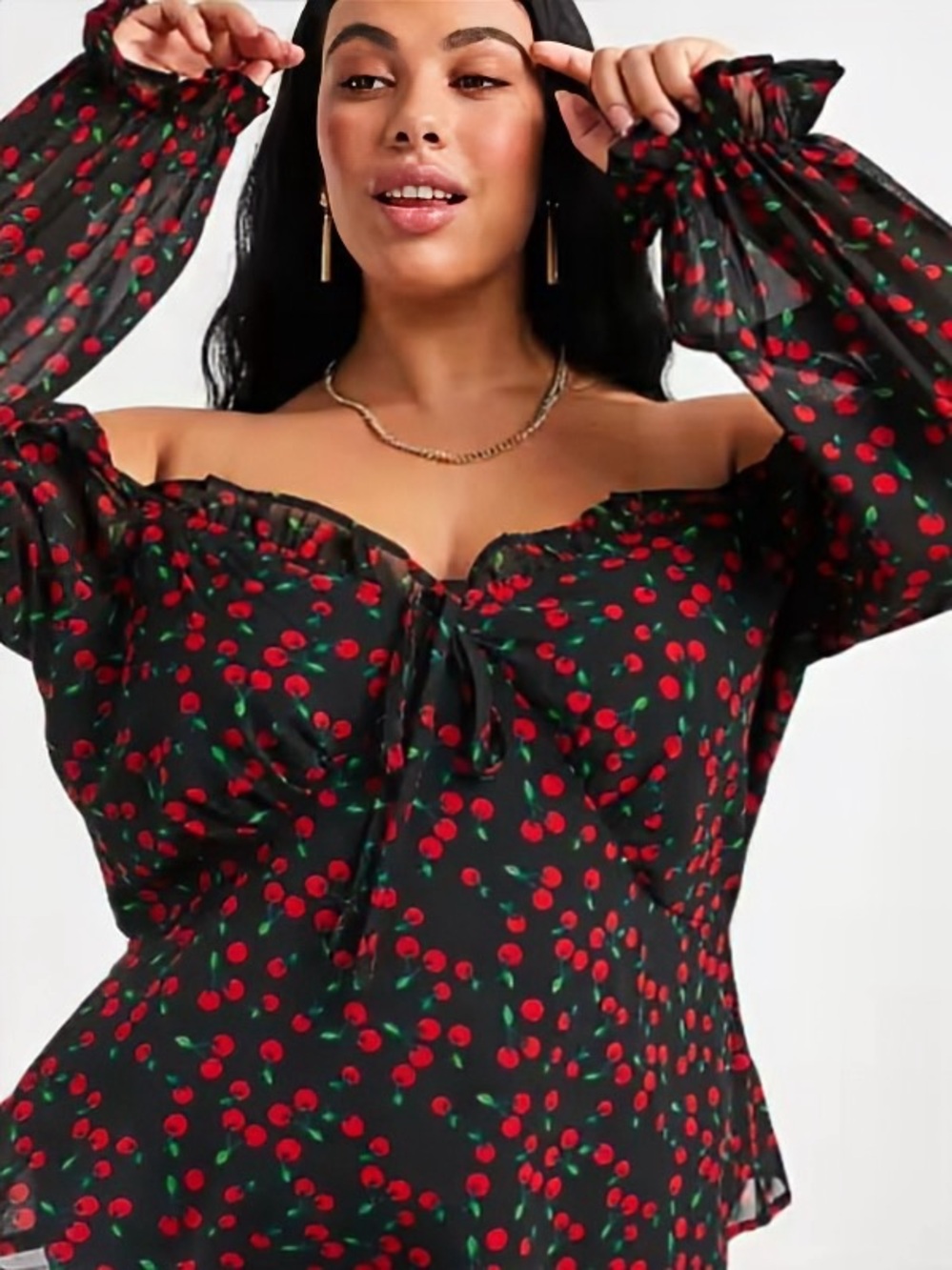 Wednesday’s Girl Black Cherry Print Ruffle Trim Chiffon Long-Sleeve Blouse Sz 22